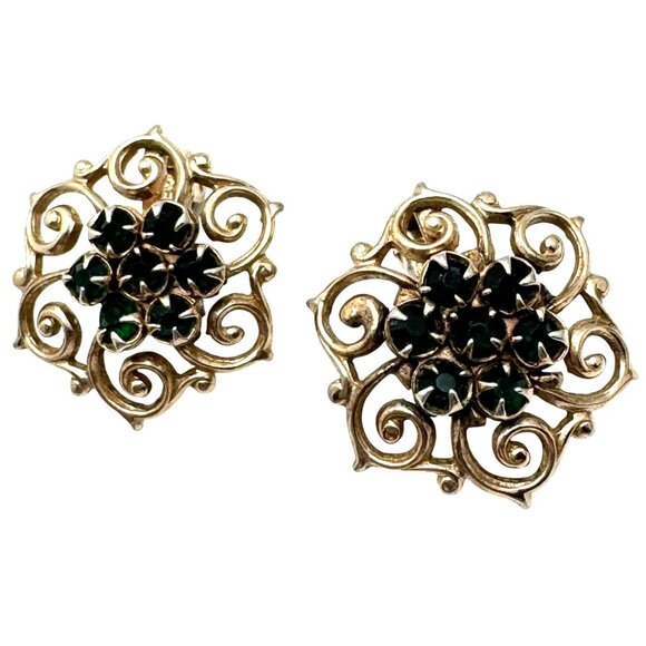 Vintage Gold-Tone Clip-On Earrings Greenish Black Rhinestones & Filigree Design - Picture 1 of 8
